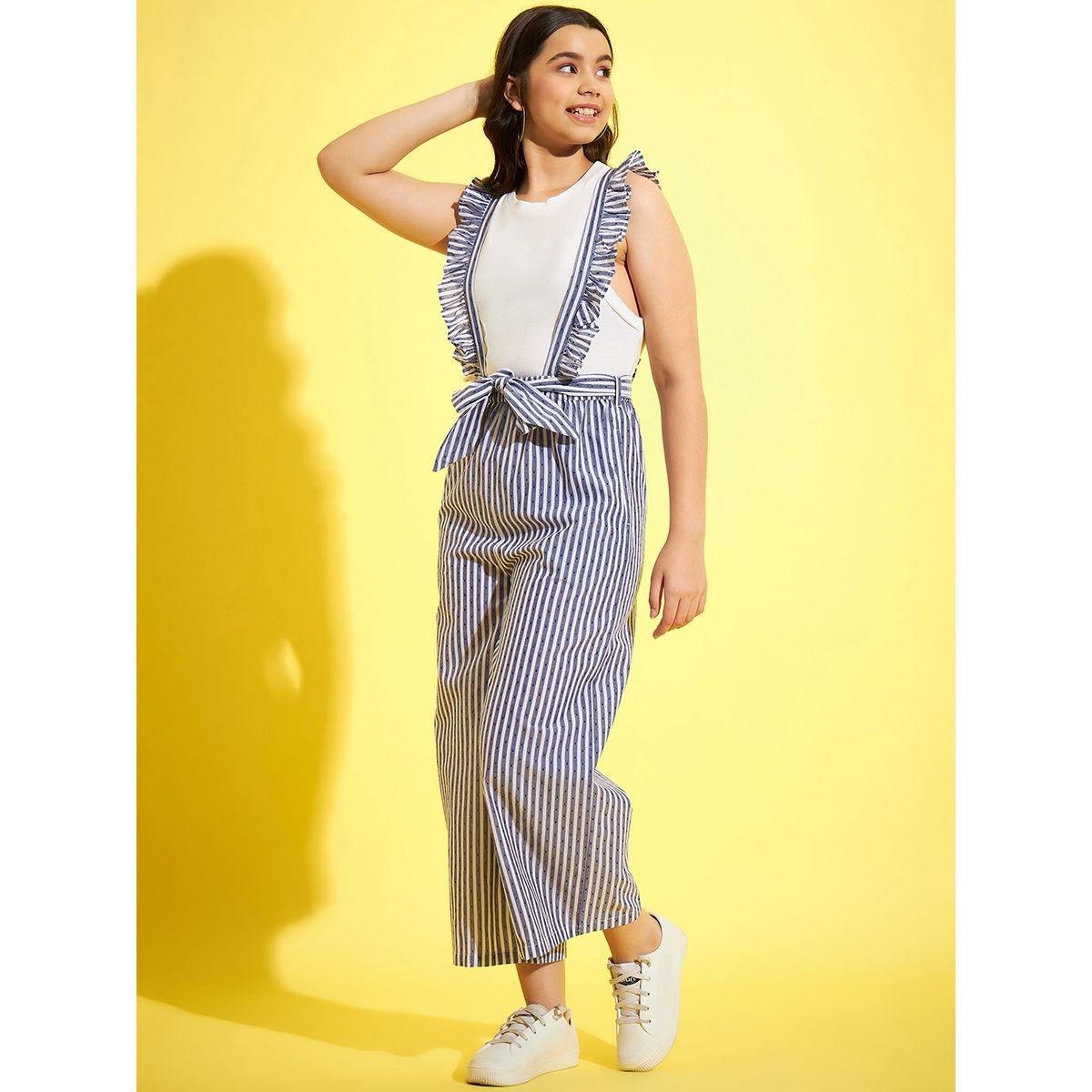 Styli Ruffle Detail Striped Dungaree with Self Tie Up-girls-clothing-rompers-image-3