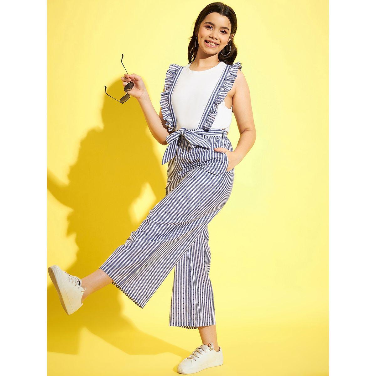Styli Ruffle Detail Striped Dungaree with Self Tie Up-girls-clothing-rompers-image-4