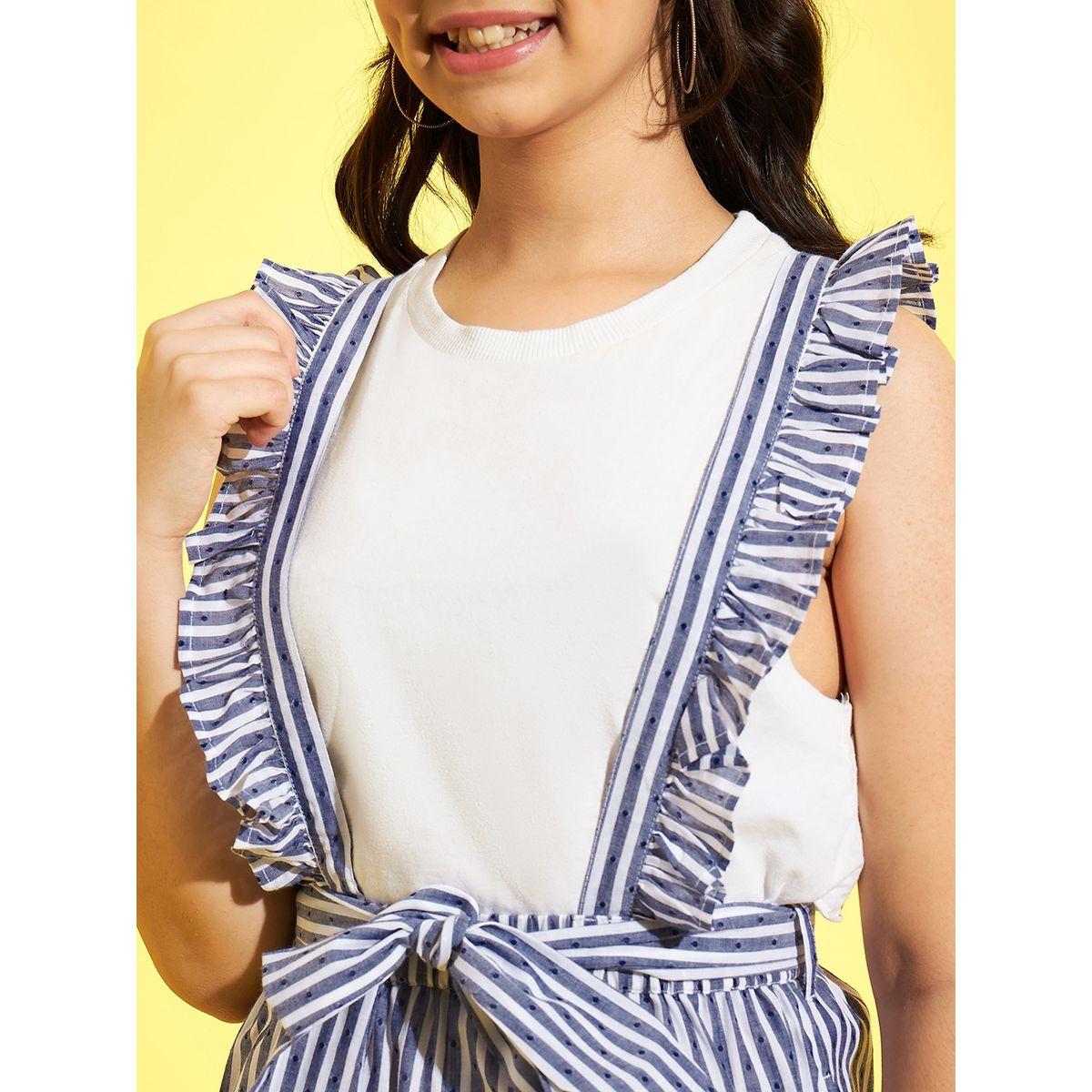 Styli Ruffle Detail Striped Dungaree with Self Tie Up-girls-clothing-rompers-image-5