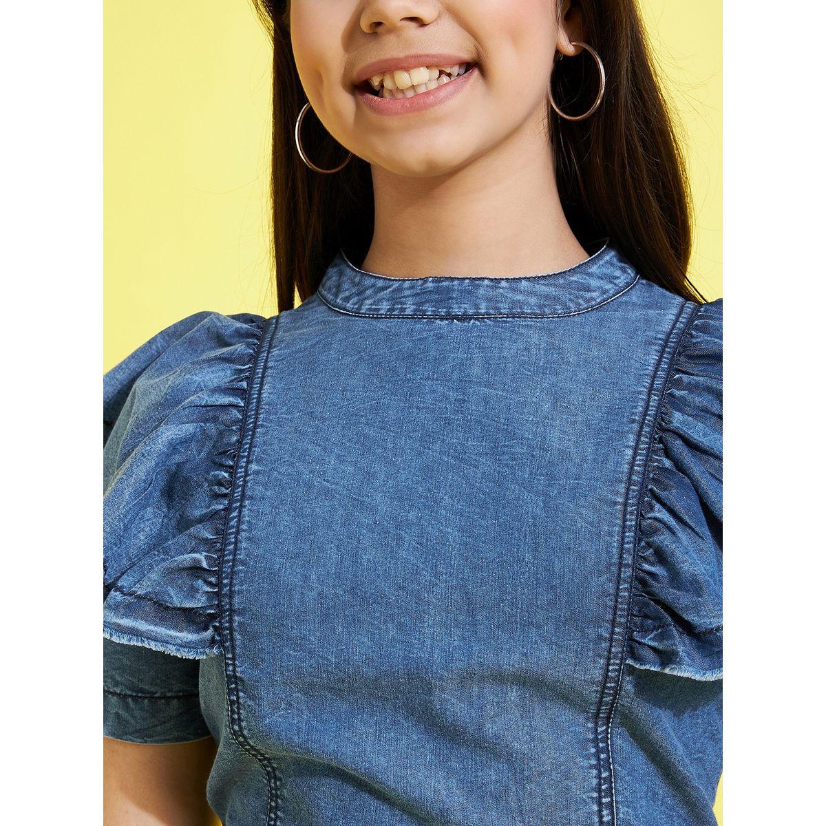 Styli Ruffle Detail Denim Top and Pencil Mini Skirt-girls-clothing-setsandcoords-image-4