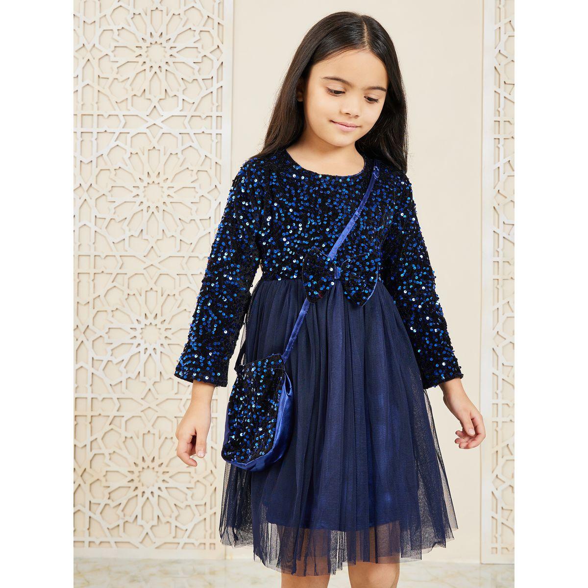 Styli Embellished Bow Trim Mesh Insert A-Line Dress with Cross Body Bag-girls-clothing-dressesandjumpsuits-image-1
