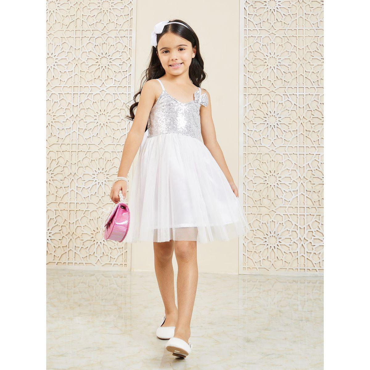 Styli Embellished Front Bow Detail Mesh Insert Dress with Tie Up-girls-clothing-dressesandjumpsuits-image-1