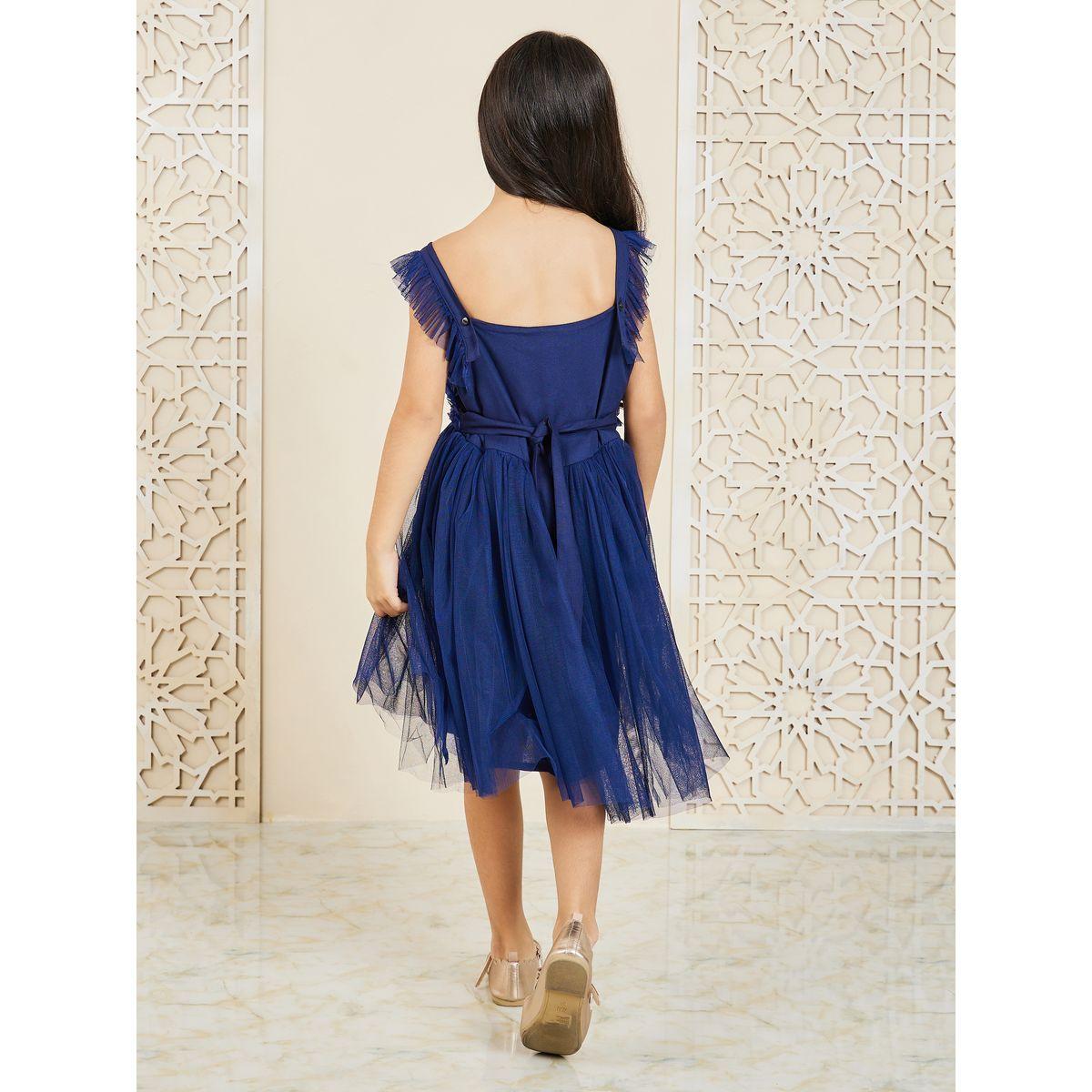 Styli Floral Applique Detail Mesh Insert A-Line Dress-girls-clothing-dressesandjumpsuits-image-4