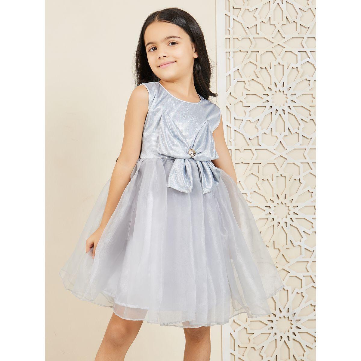 Styli Embellished Bow Trim Mesh Insert A-Line Dress-girls-clothing-dressesandjumpsuits-image-1