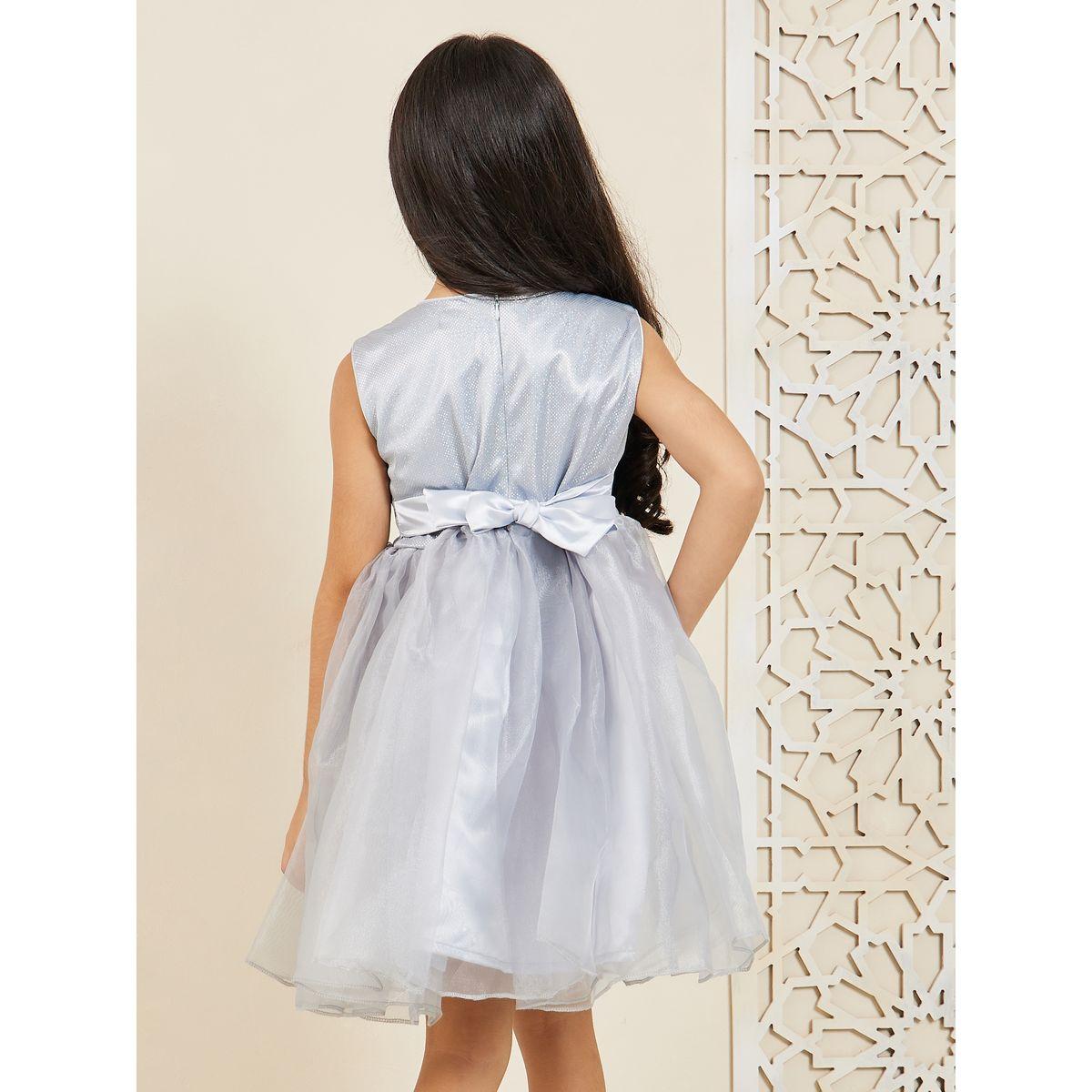 Styli Embellished Bow Trim Mesh Insert A-Line Dress-girls-clothing-dressesandjumpsuits-image-4