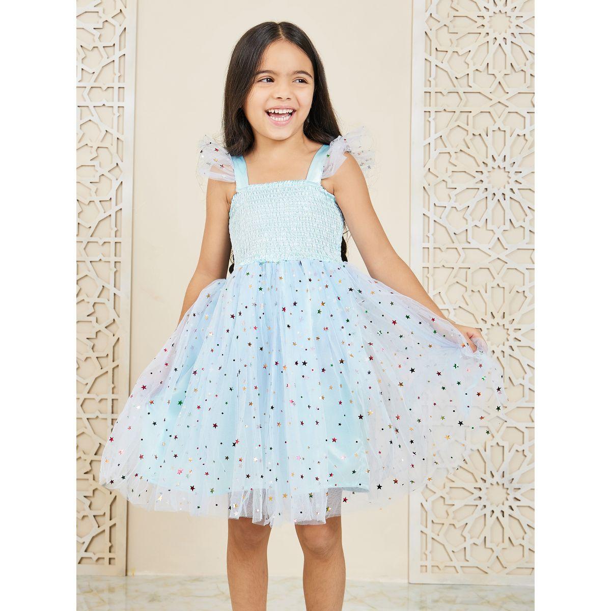 Styli Embellished Mesh Insert Smocked Detail Dress-girls-clothing-dressesandjumpsuits-image-1