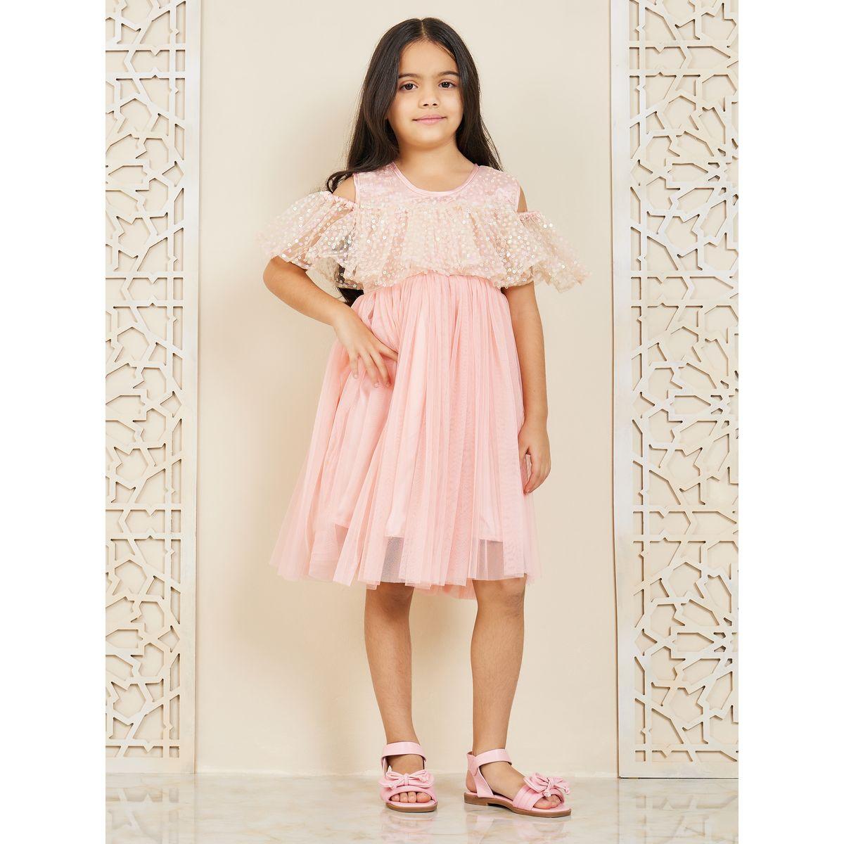 Styli Sequin Detail Cold Shoulder Mesh Insert Dress-girls-clothing-dressesandjumpsuits-image-2