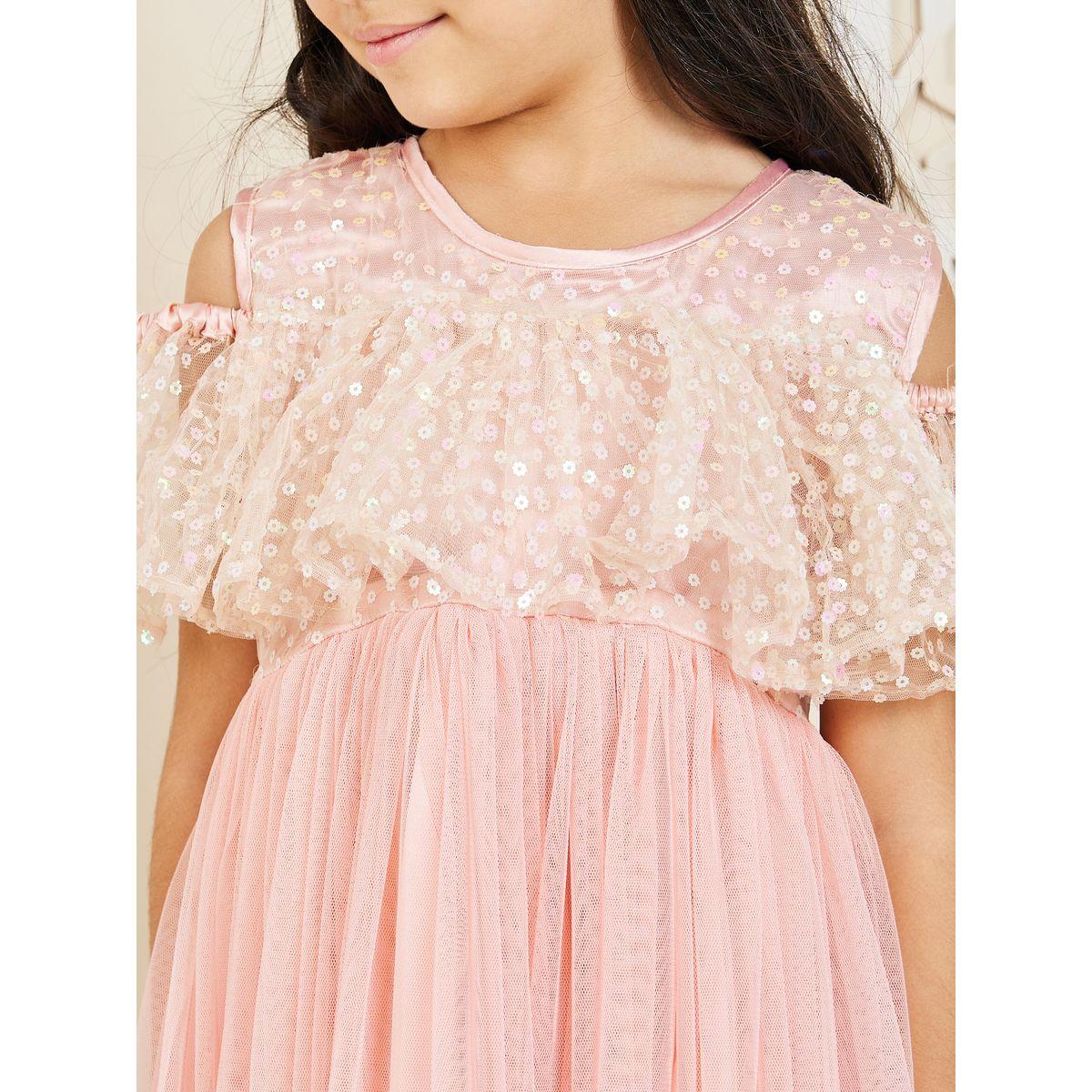 Styli Sequin Detail Cold Shoulder Mesh Insert Dress-girls-clothing-dressesandjumpsuits-image-3