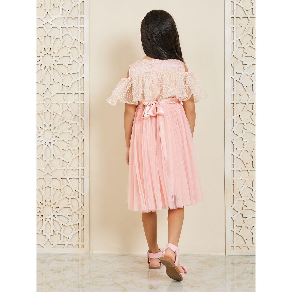 Styli Sequin Detail Cold Shoulder Mesh Insert Dress-girls-clothing-dressesandjumpsuits-image-4