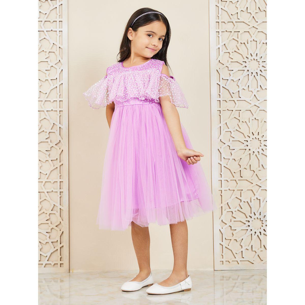 Styli Sequin Detail Cold Shoulder Mesh Insert Dress-girls-clothing-dressesandjumpsuits-image-2