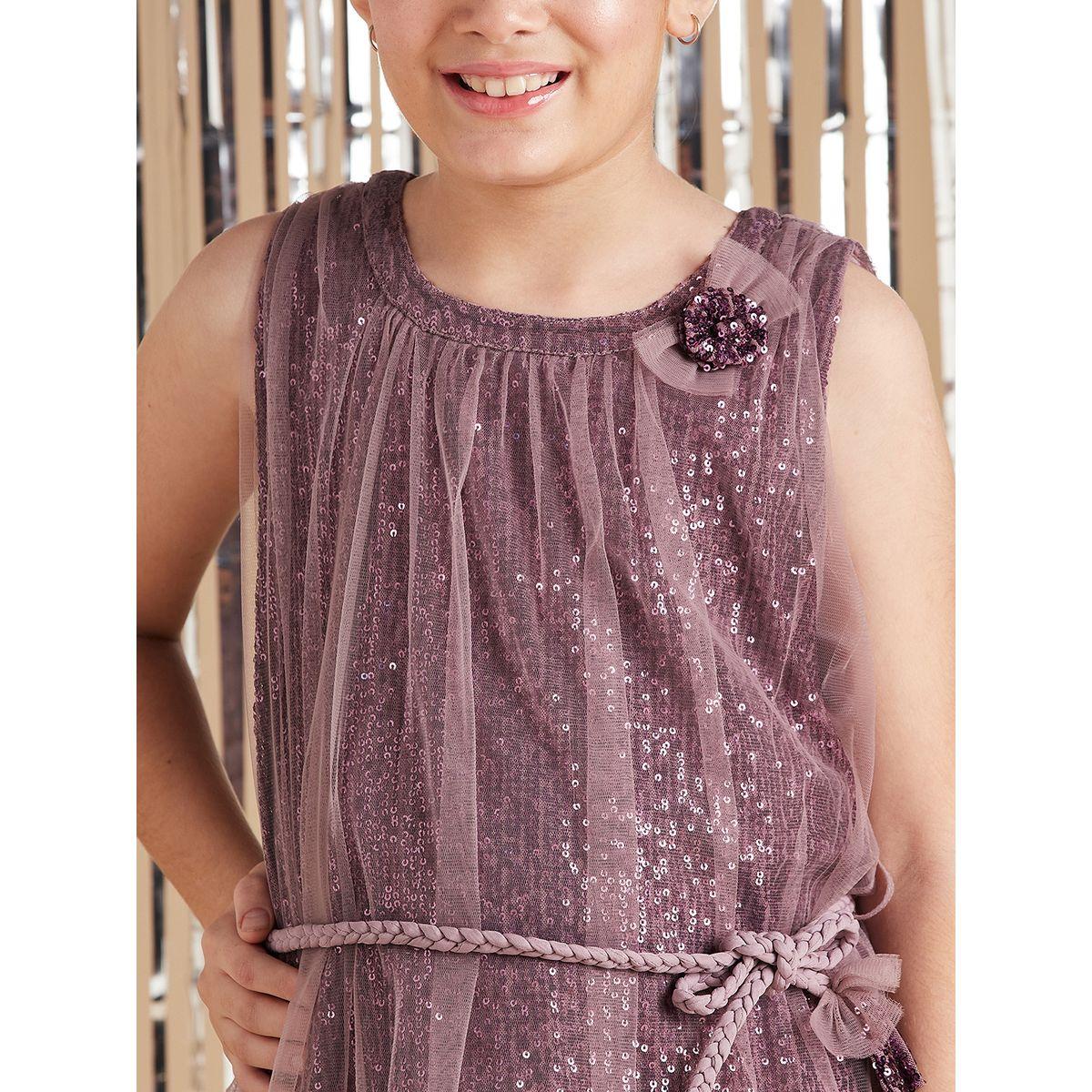 Styli Sequin Embellished Bow Applique Mesh Dress with Tie Up-girls-clothing-dressesandjumpsuits-image-3