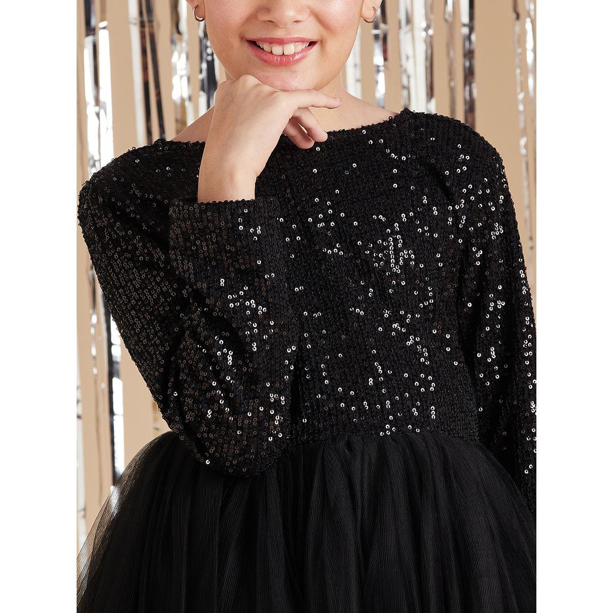 Styli All Over Sequin Detail Mesh Insert Dress with Long Sleeves-girls-clothing-dressesandjumpsuits-image-3