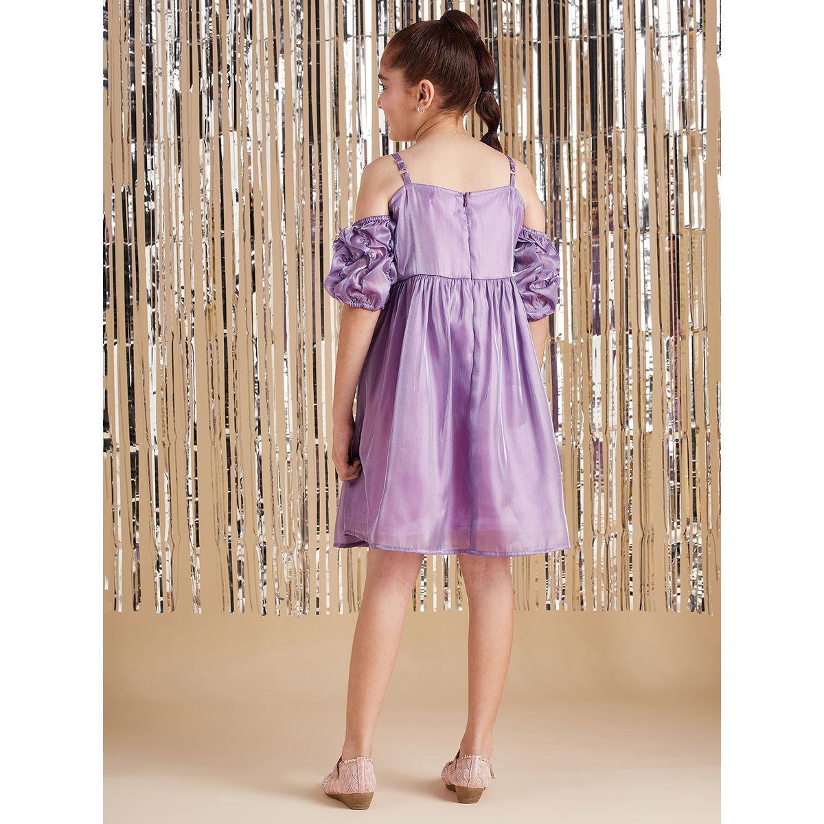 Styli Solid A-Line Knee Length Dress with Cold Shoulder Sleeves-girls-clothing-dressesandjumpsuits-image-2