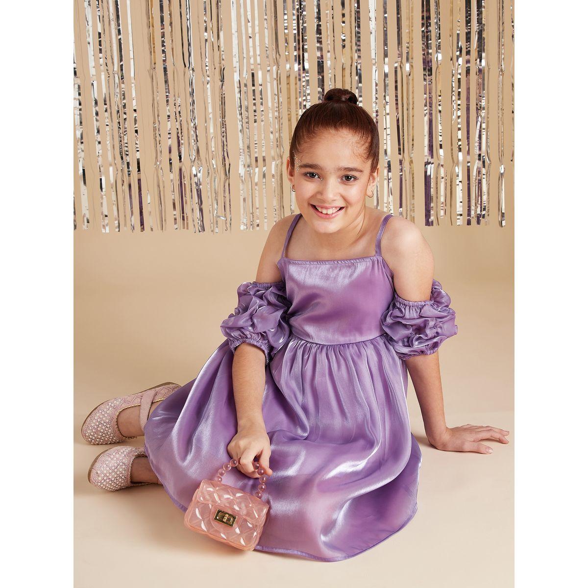 Styli Solid A-Line Knee Length Dress with Cold Shoulder Sleeves-girls-clothing-dressesandjumpsuits-image-3