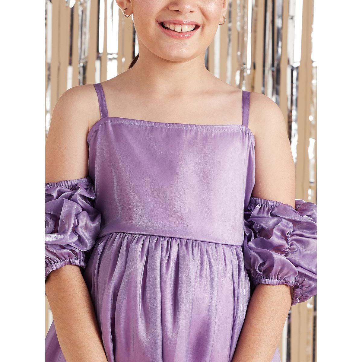 Styli Solid A-Line Knee Length Dress with Cold Shoulder Sleeves-girls-clothing-dressesandjumpsuits-image-4