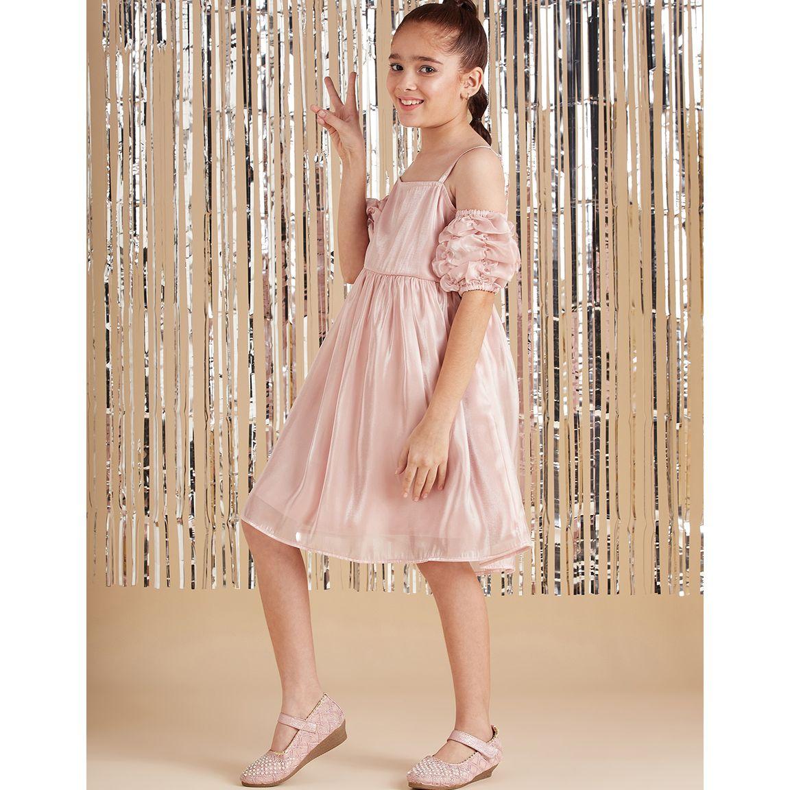 Styli Ruched Sleeves Metallic Knee Length Dress-girls-clothing-dressesandjumpsuits-image-5