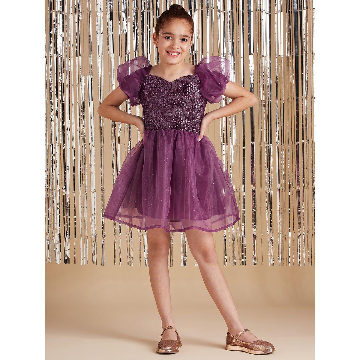 Styli Sequin Detail Mesh Puff Sleeves Skater Dress-girls-clothing-dressesandjumpsuits-image-5