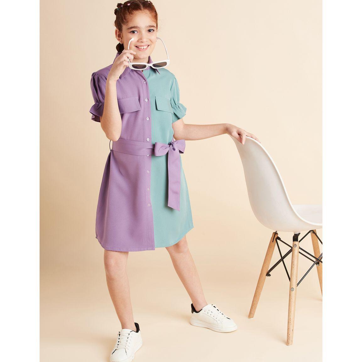 Styli Colorblock Flap Pocket Detail Shirt Knee Length Dress-girls-clothing-dressesandjumpsuits-image-1