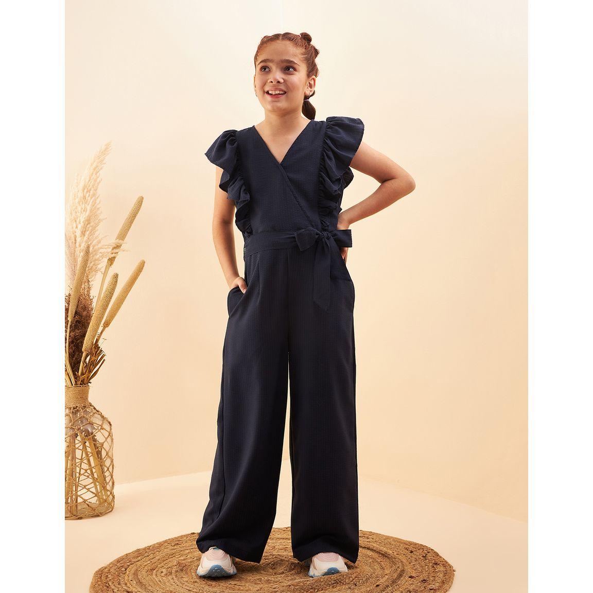Styli Textured Ruffle Detail Wide Leg Jumpsuit with Self Tie-girls-clothing-rompers-image-1