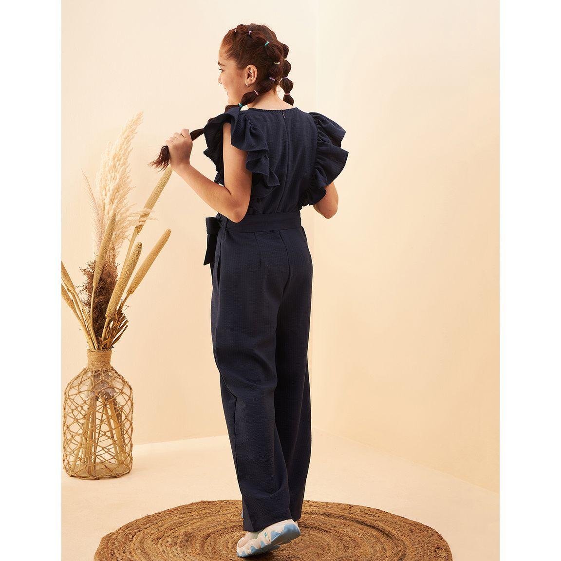 Styli Textured Ruffle Detail Wide Leg Jumpsuit with Self Tie-girls-clothing-rompers-image-2