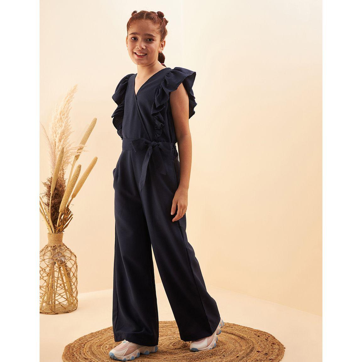 Styli Textured Ruffle Detail Wide Leg Jumpsuit with Self Tie-girls-clothing-rompers-image-3