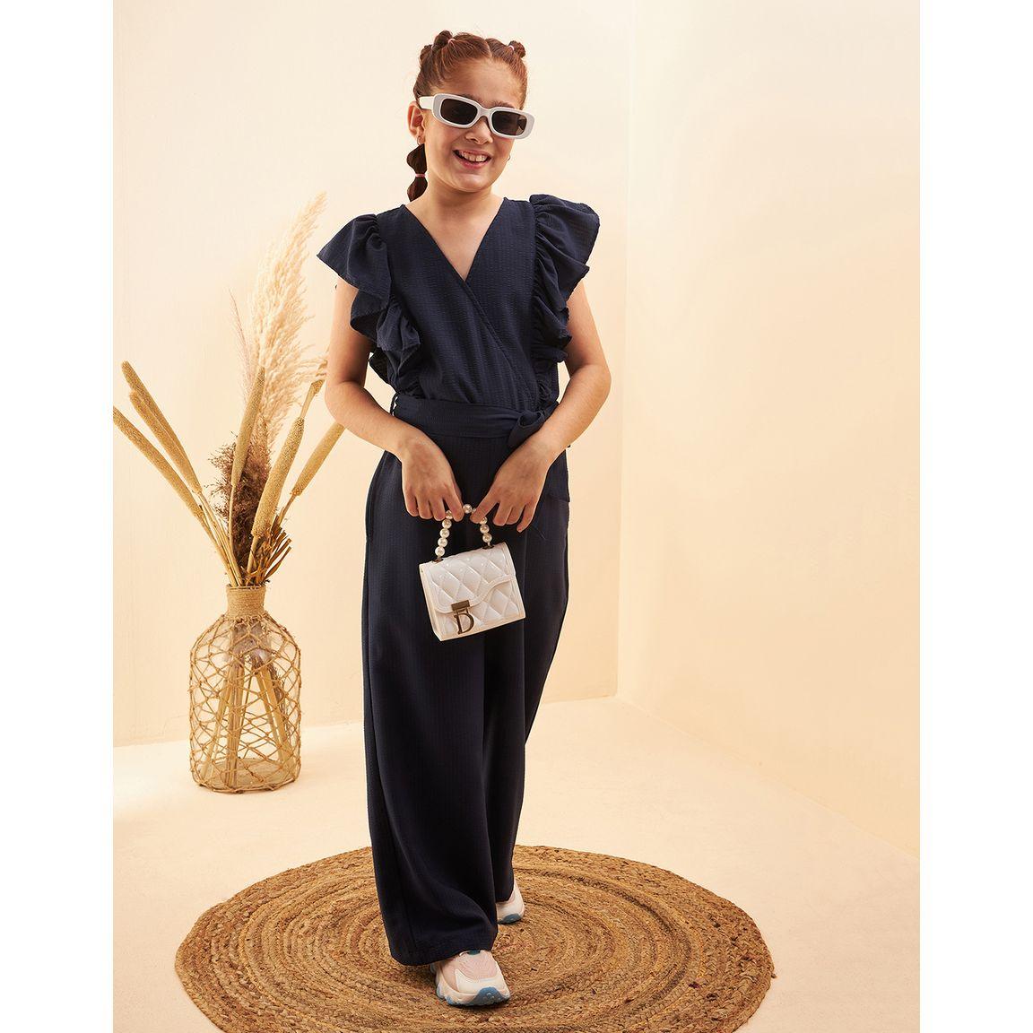 Styli Textured Ruffle Detail Wide Leg Jumpsuit with Self Tie-girls-clothing-rompers-image-5