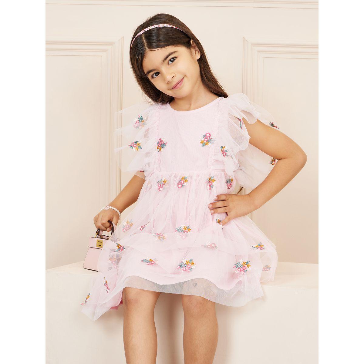 Styli Floral Embroidered Mesh Dress with Ruffle Sleeves-girls-clothing-dressesandjumpsuits-image-1