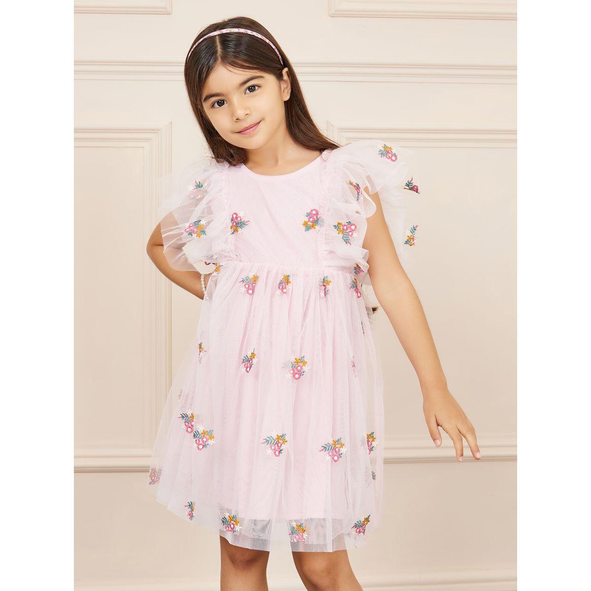 Styli Floral Embroidered Mesh Dress with Ruffle Sleeves-girls-clothing-dressesandjumpsuits-image-3
