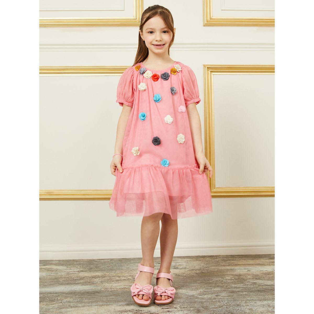 فستان بتداخلات شبكية وكسرات مع اكمام منفوخة-girls-clothing-dressesandjumpsuits-image-1