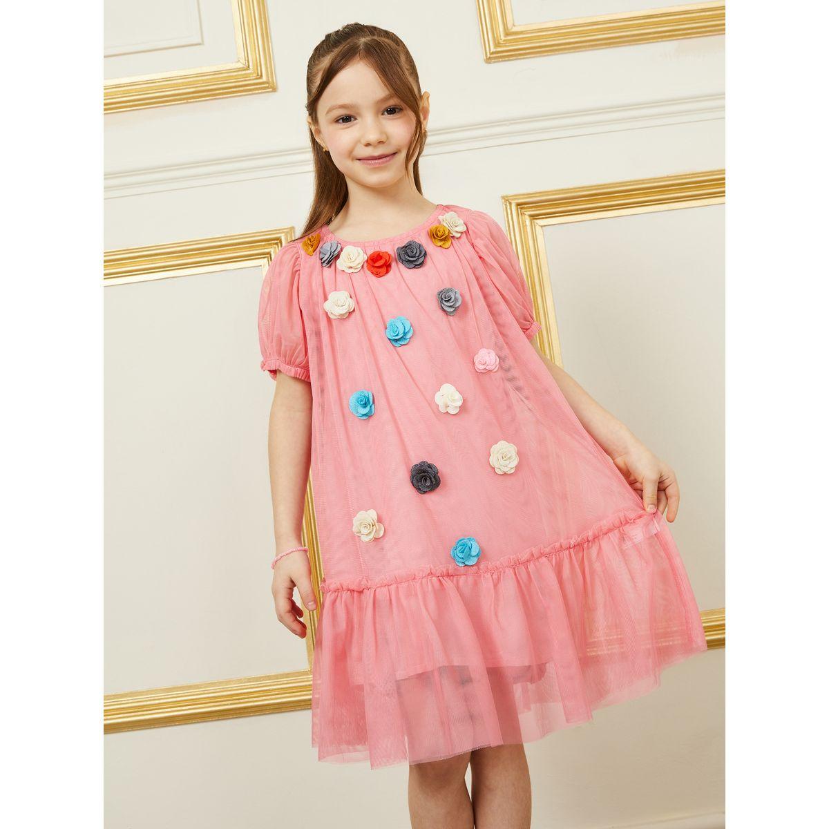 Styli Floral Applique Tiered Mesh Insert Dress with Puff Sleeves-girls-clothing-dressesandjumpsuits-image-2