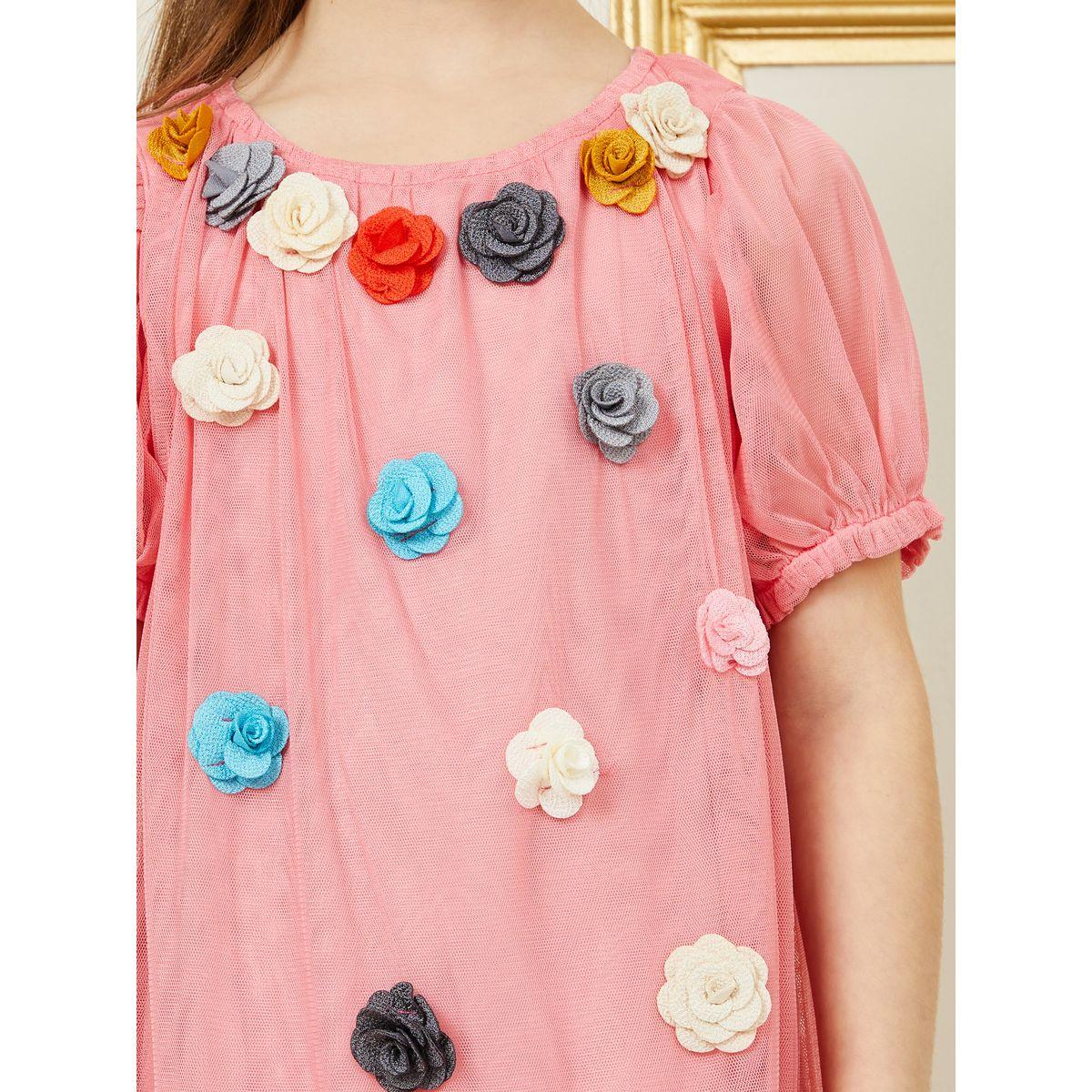 فستان بتداخلات شبكية وكسرات مع اكمام منفوخة-girls-clothing-dressesandjumpsuits-image-3
