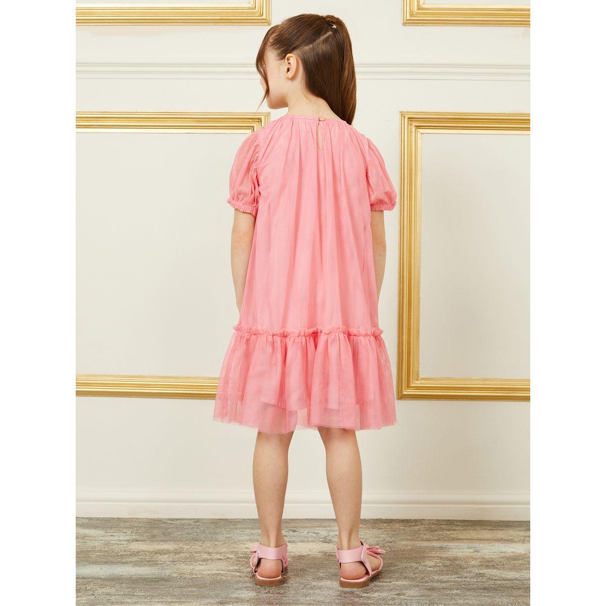 Styli Floral Applique Tiered Mesh Insert Dress with Puff Sleeves-girls-clothing-dressesandjumpsuits-image-4