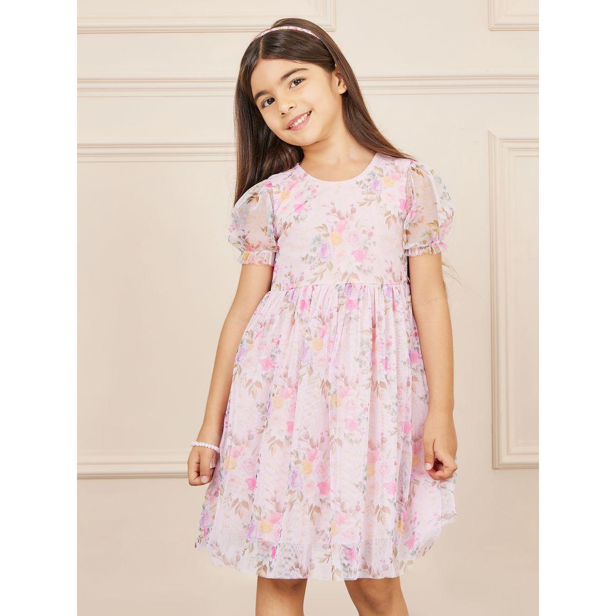 Styli Floral AOP Mesh Insert Gathered Detail Dress-girls-clothing-dressesandjumpsuits-image-1