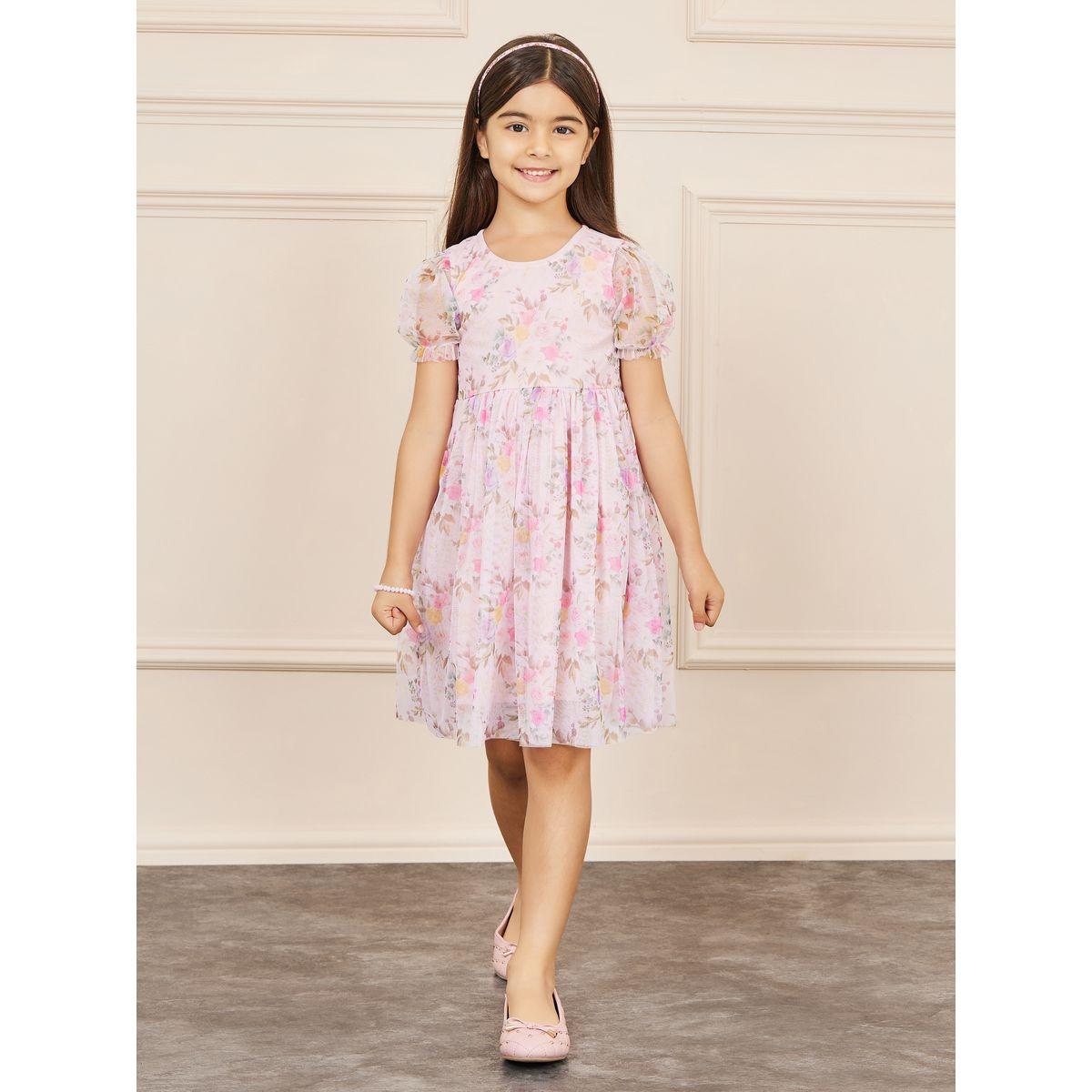Styli Floral AOP Mesh Insert Gathered Detail Dress-girls-clothing-dressesandjumpsuits-image-2