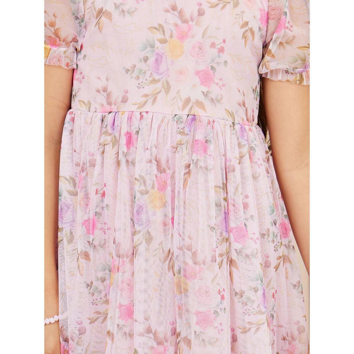 Styli Floral AOP Mesh Insert Gathered Detail Dress-girls-clothing-dressesandjumpsuits-image-3