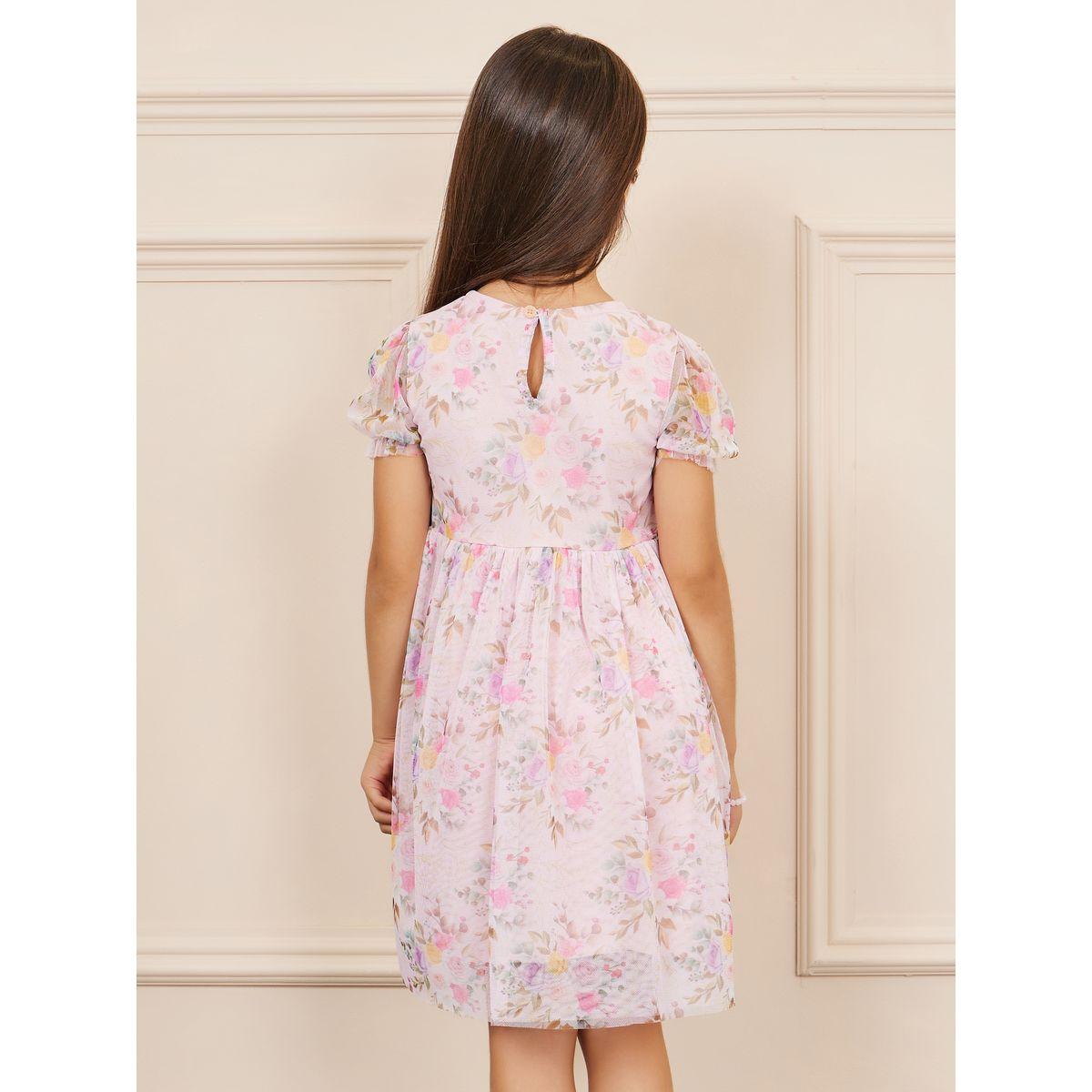 Styli Floral AOP Mesh Insert Gathered Detail Dress-girls-clothing-dressesandjumpsuits-image-4