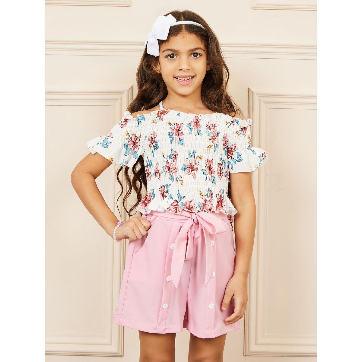 Styli Floral Print Cold Shoulder Smocked Top & Tie Up Button Detail Shorts Set-girls-clothing-setsandcoords-image-1