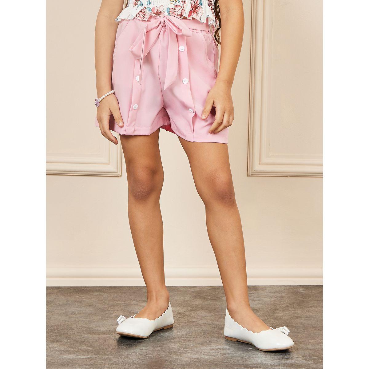 Styli Floral Print Cold Shoulder Smocked Top & Tie Up Button Detail Shorts Set-girls-clothing-setsandcoords-image-3