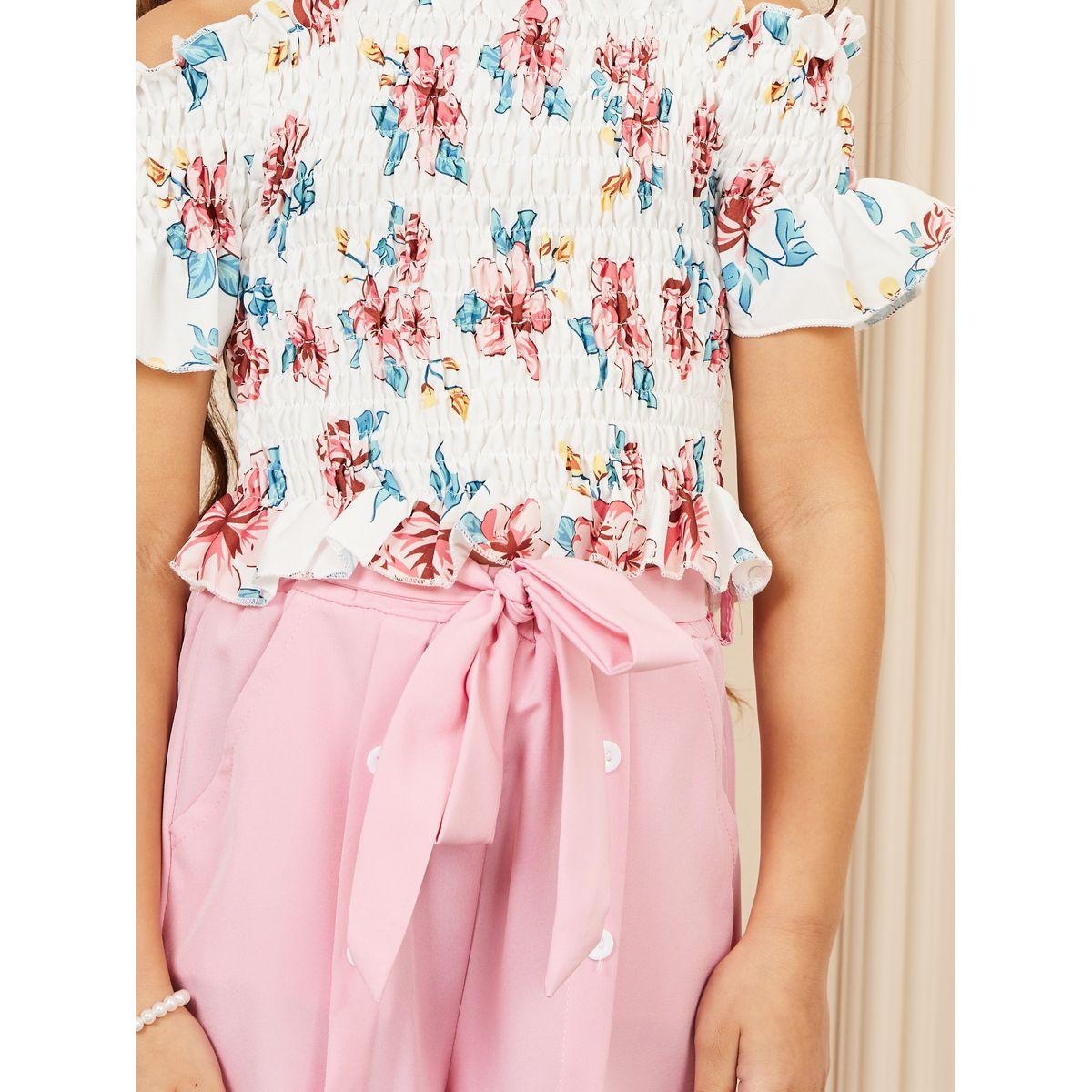 Styli Floral Print Cold Shoulder Smocked Top & Tie Up Button Detail Shorts Set-girls-clothing-setsandcoords-image-4