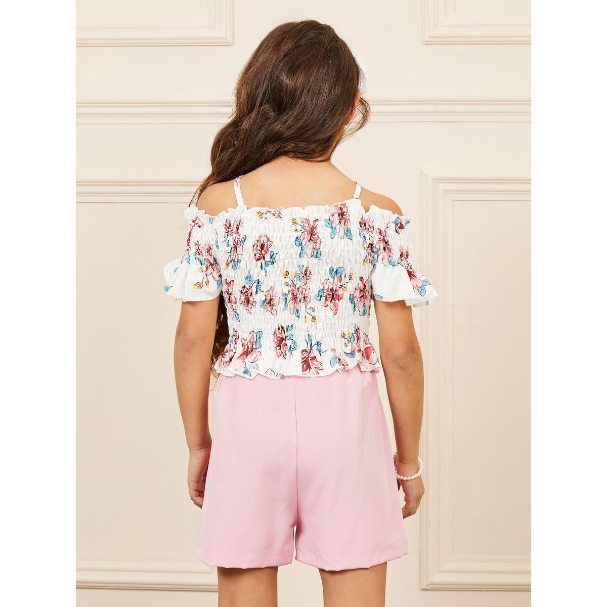 Styli Floral Print Cold Shoulder Smocked Top & Tie Up Button Detail Shorts Set-girls-clothing-setsandcoords-image-5