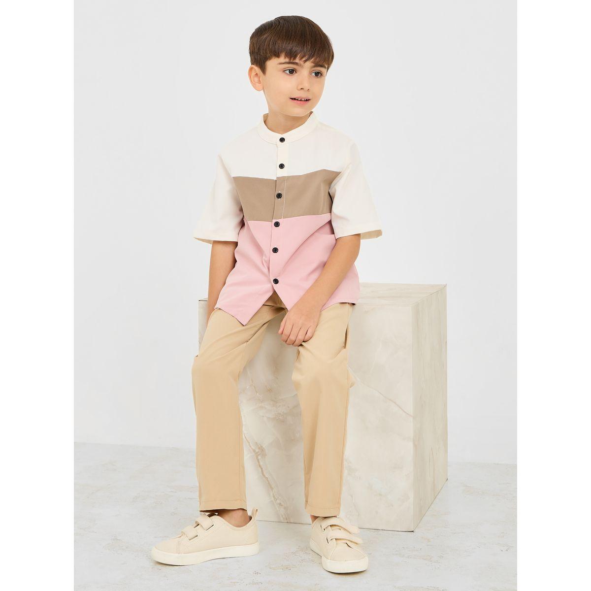 Styli Colorblock Mandarin Collar Shirt & Pant Set-boys-clothing-setsandcoords-image-1
