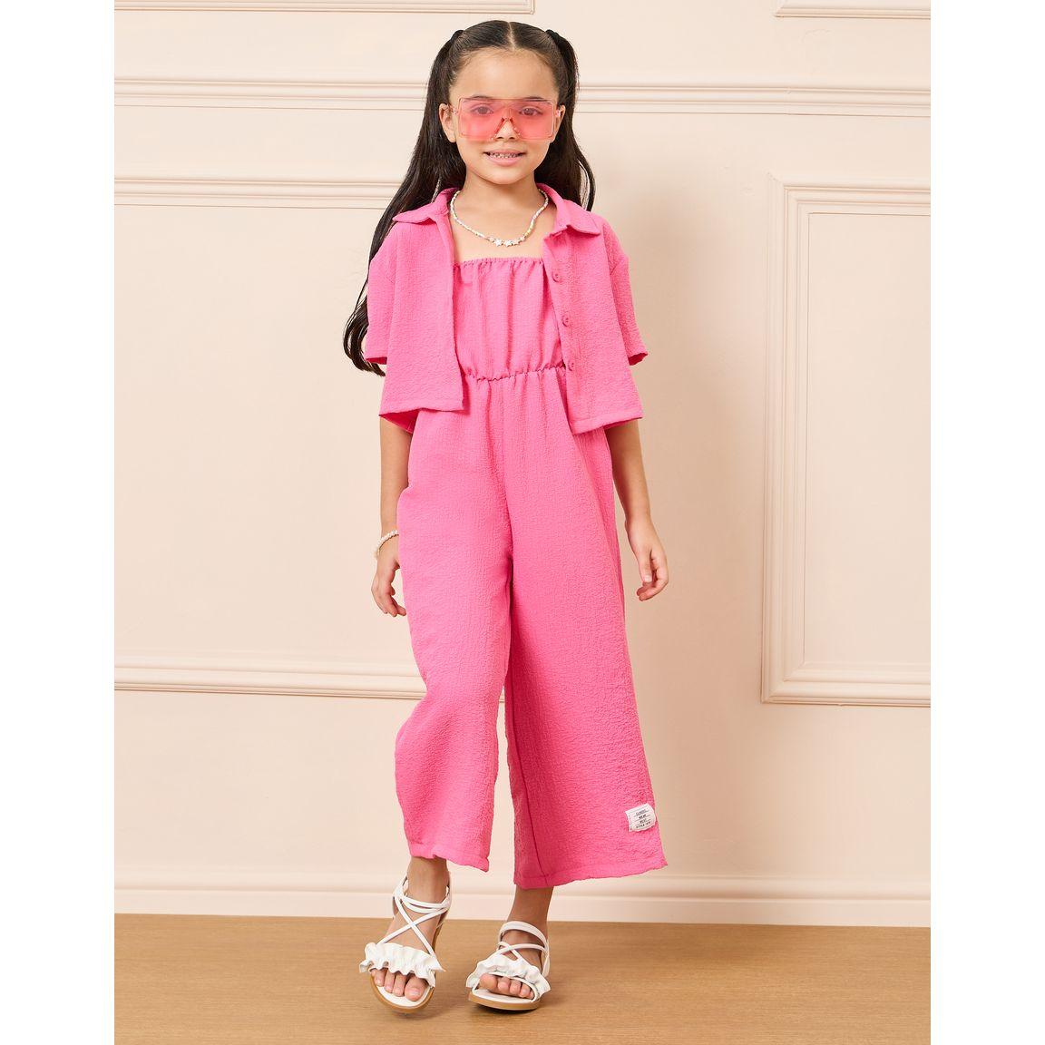 Styli Textured Strappy Wide Leg Jumpsuit & Crop Shirt Set-girls-clothing-setsandcoords-image-1