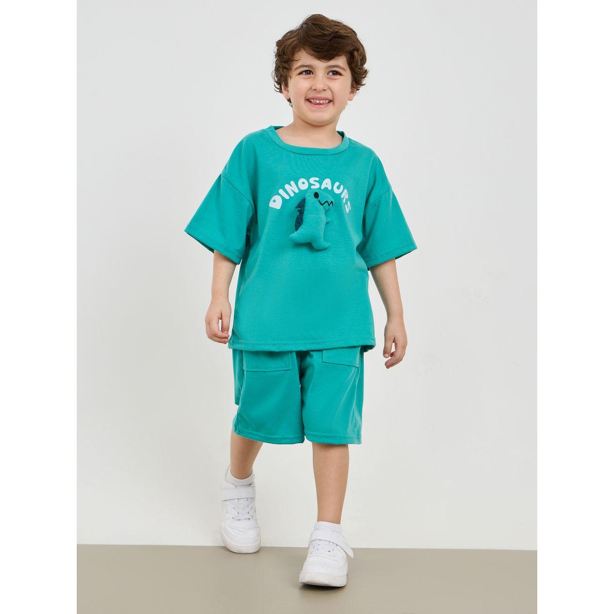Styli Dinosaur Applique Drop Shoulder T-Shirt & Shorts Set-boys-clothing-setsandcoords-image-1