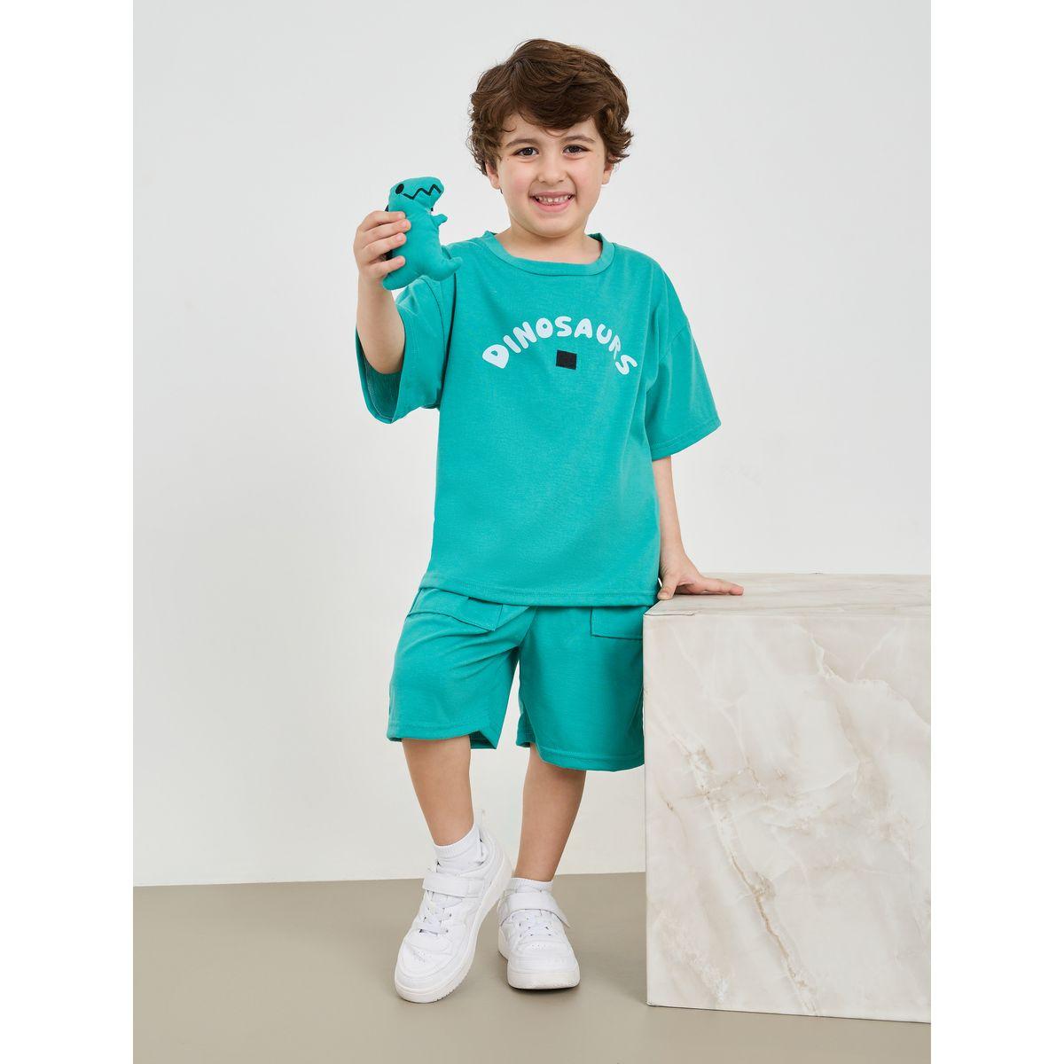 Styli Dinosaur Applique Drop Shoulder T-Shirt & Shorts Set-boys-clothing-setsandcoords-image-2