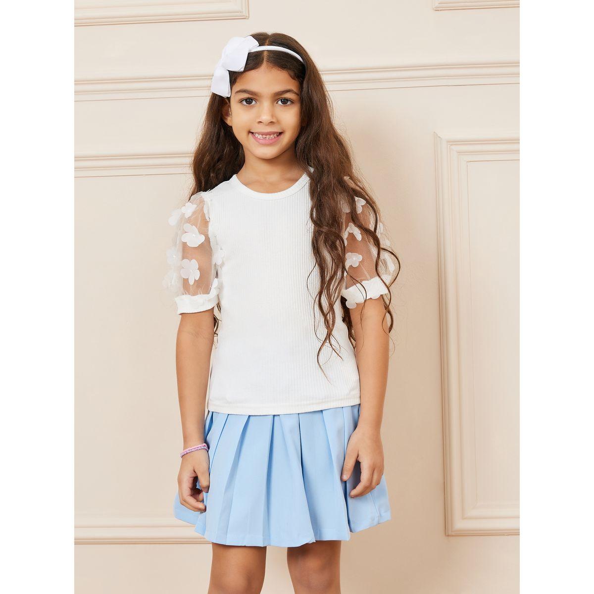 Styli Applique Mesh Sleeve Top & Flap Pocket Front Pleated Skirt Set-girls-clothing-setsandcoords-image-2