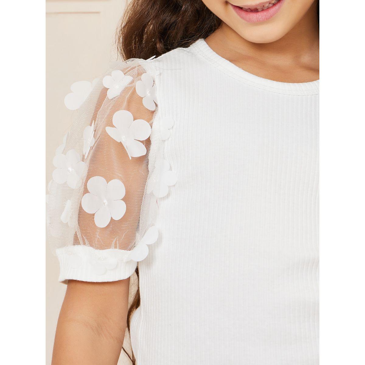 Styli Applique Mesh Sleeve Top & Flap Pocket Front Pleated Skirt Set-girls-clothing-setsandcoords-image-3