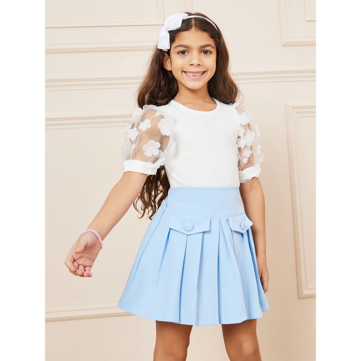 Styli Applique Mesh Sleeve Top & Flap Pocket Front Pleated Skirt Set-girls-clothing-setsandcoords-image-4