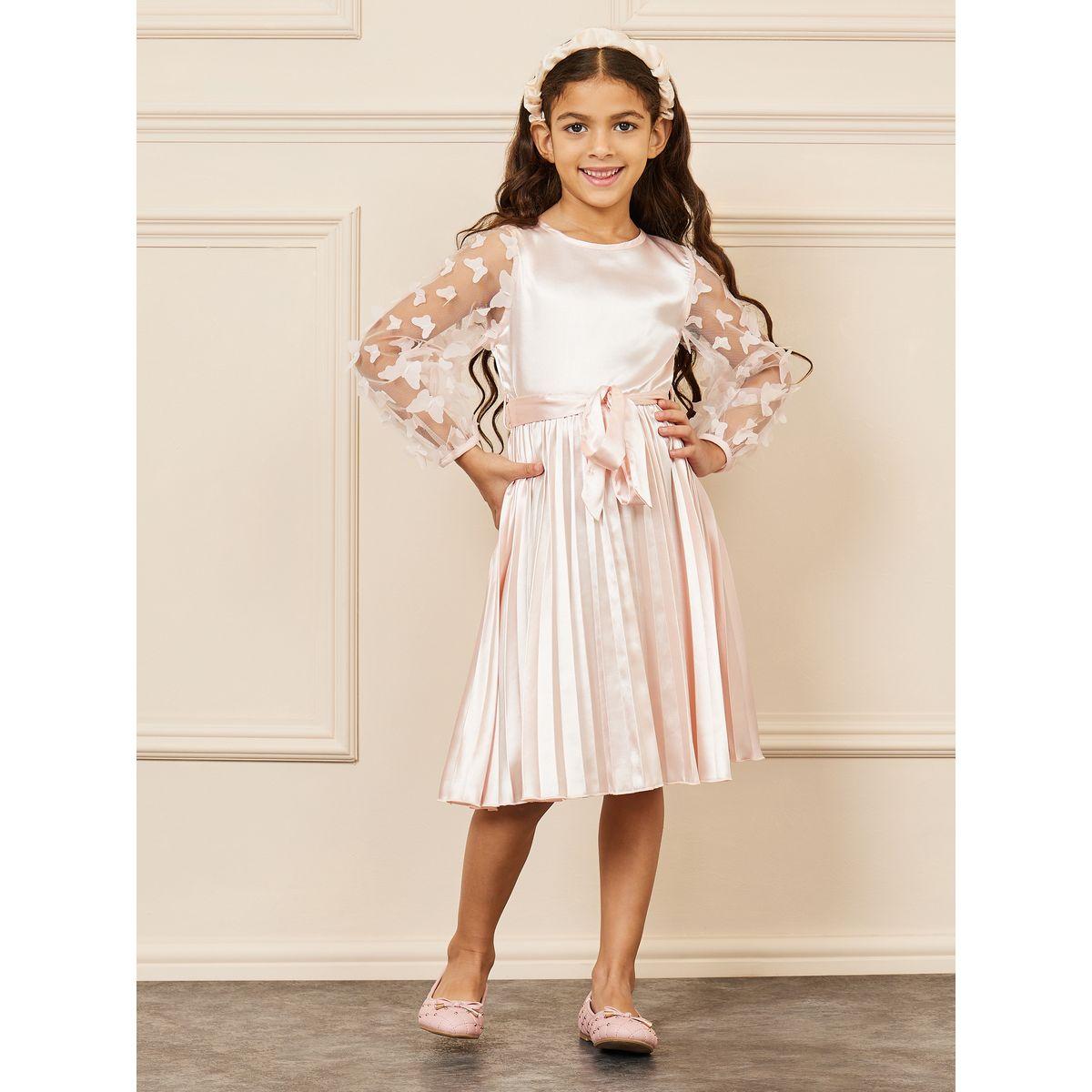 فستان ساتان بأكمام شبك ورباط خصر-girls-clothing-dressesandjumpsuits-image-1