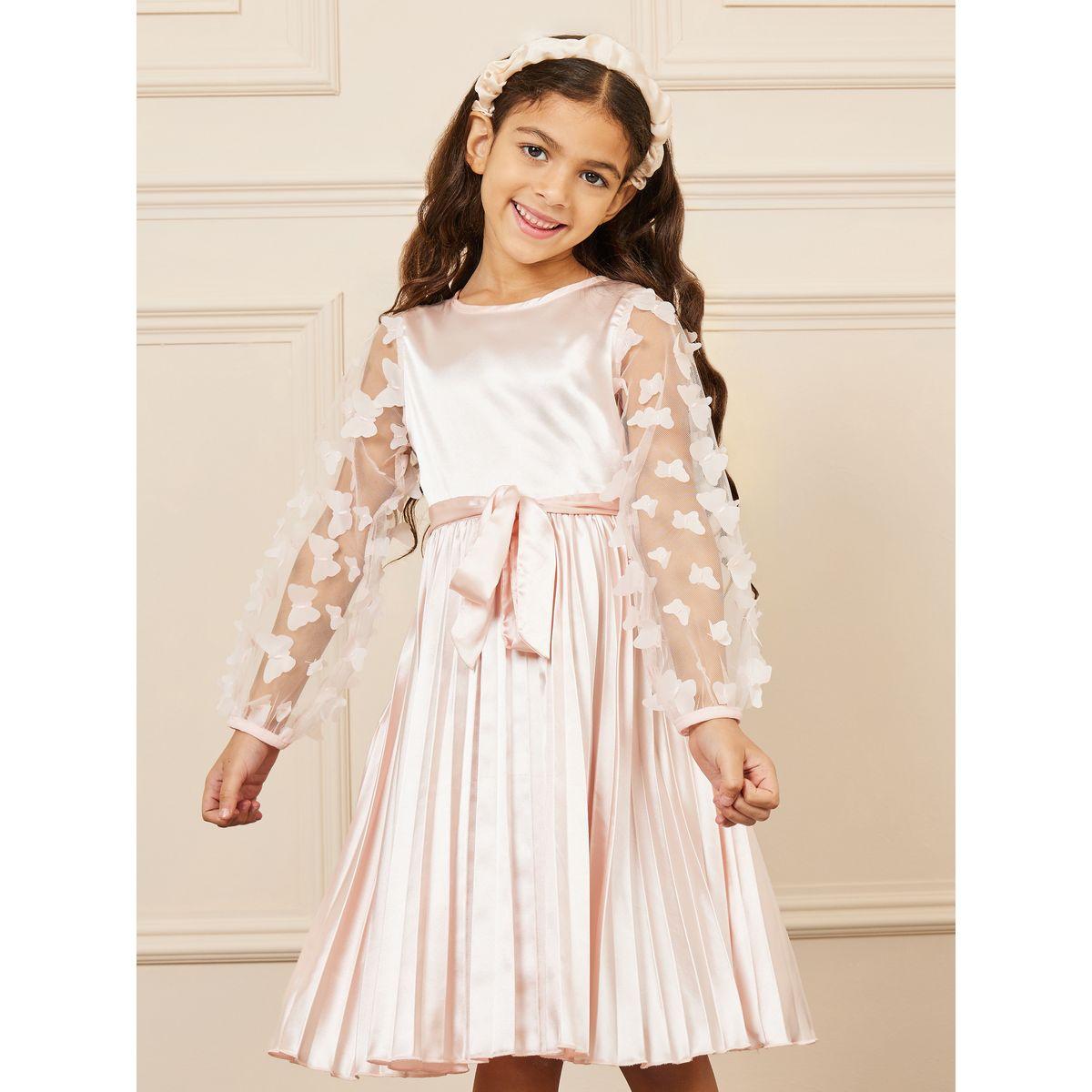 فستان ساتان بأكمام شبك ورباط خصر-girls-clothing-dressesandjumpsuits-image-2