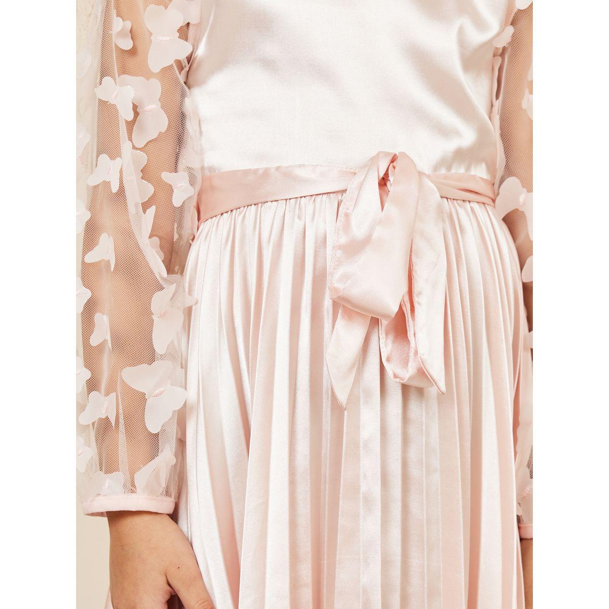 Styli Limited Butterfly Mesh Sleeves Satin Pleated Dress with Self Tie Up-girls-clothing-dressesandjumpsuits-image-3